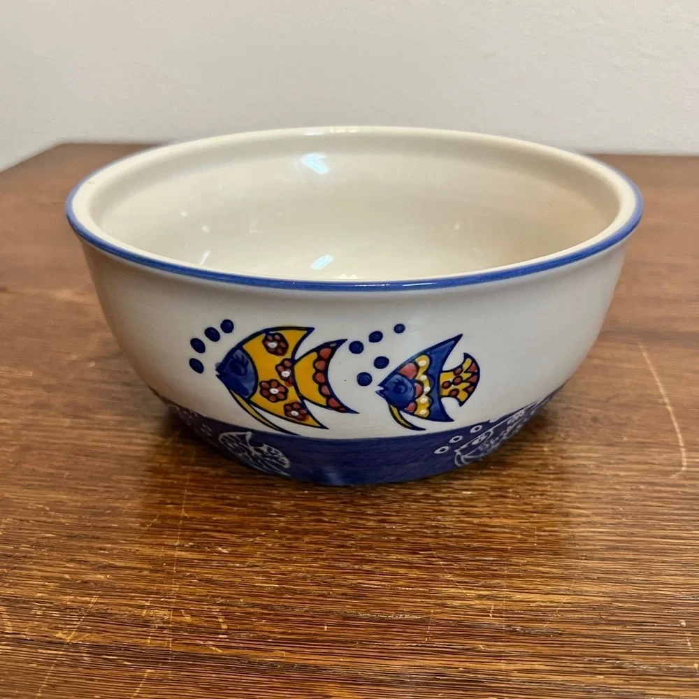 Yokohama Studio Hand-Painted Fish Bowl – Blue & Yellow Ceramic Coastal Décor